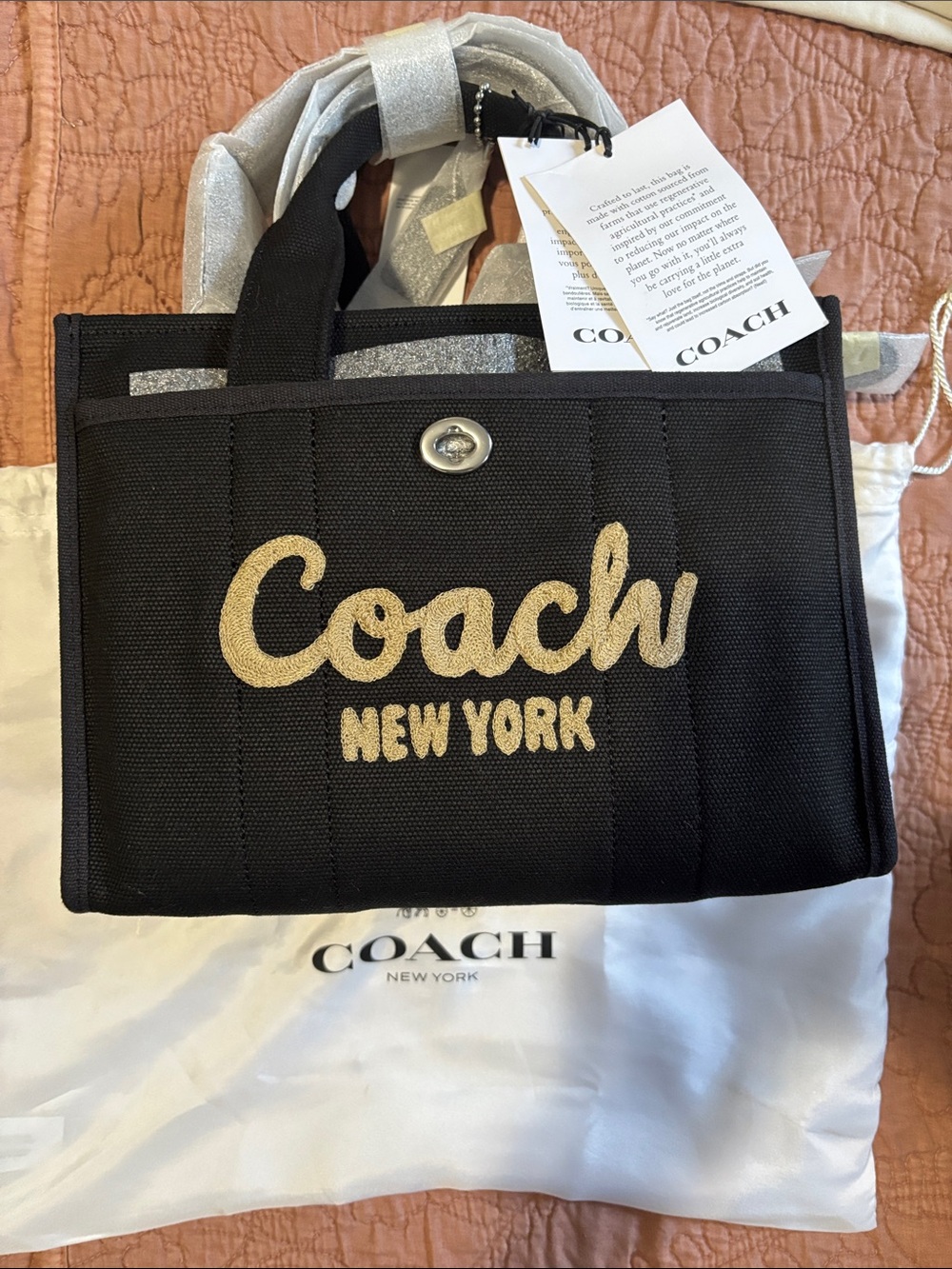 Coach Black Canvas Tote with Gold Script Logo